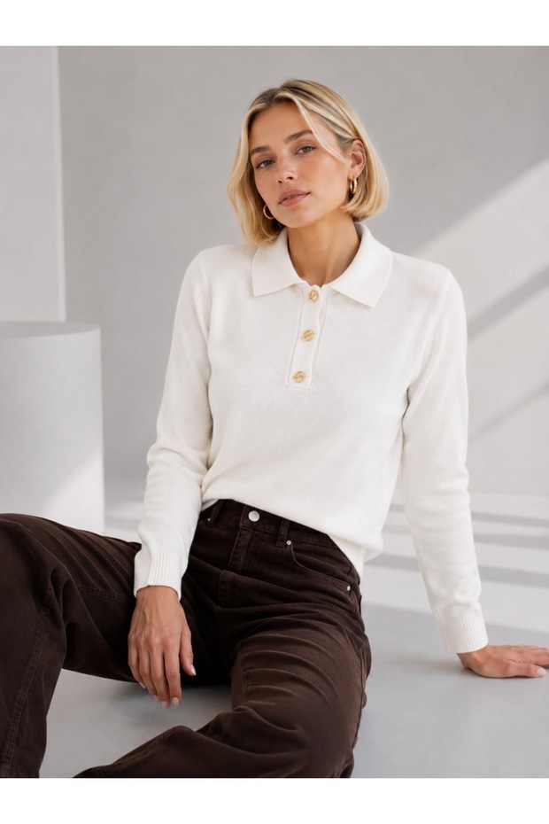 Women's Polo Collar Gold Button Detailed Knitwear Sweater