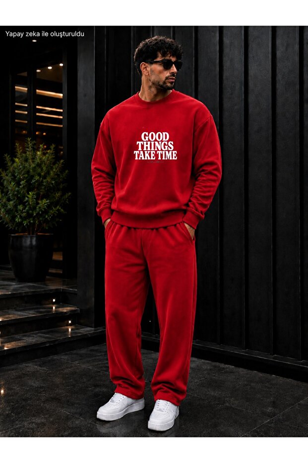 Men's Good Things Take Time Typography Printed Crew Neck Regular Fit Men's Tracksuit Set /Straight Leg Bottom