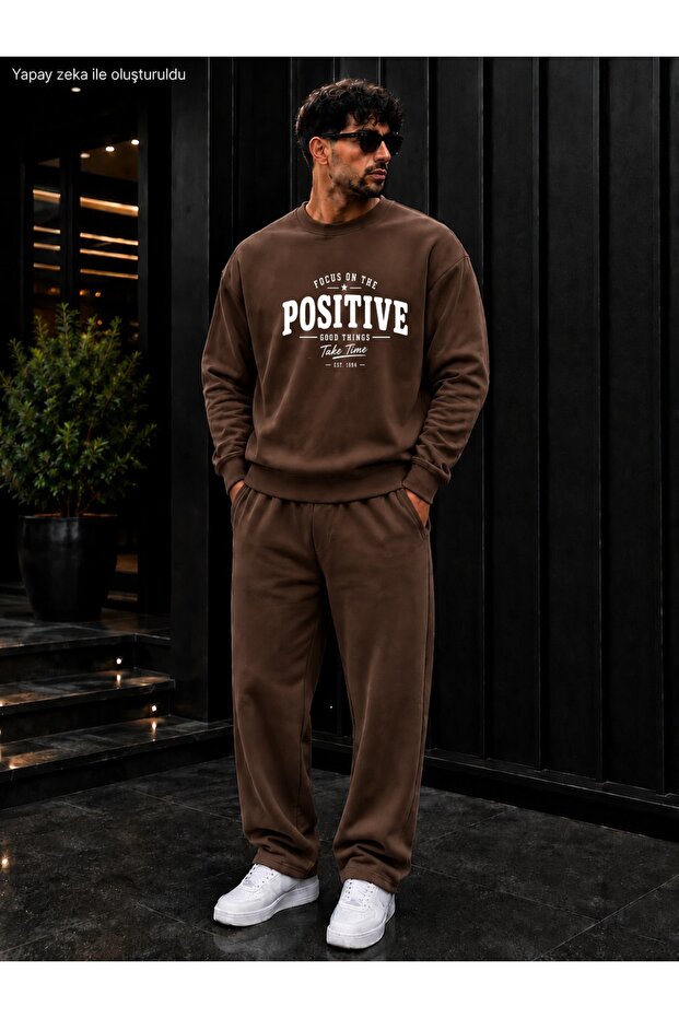 Men's Focus on the Positive Typography Printed Crew Neck Regular Fit Men's Tracksuit Set /Straight Leg Bottom