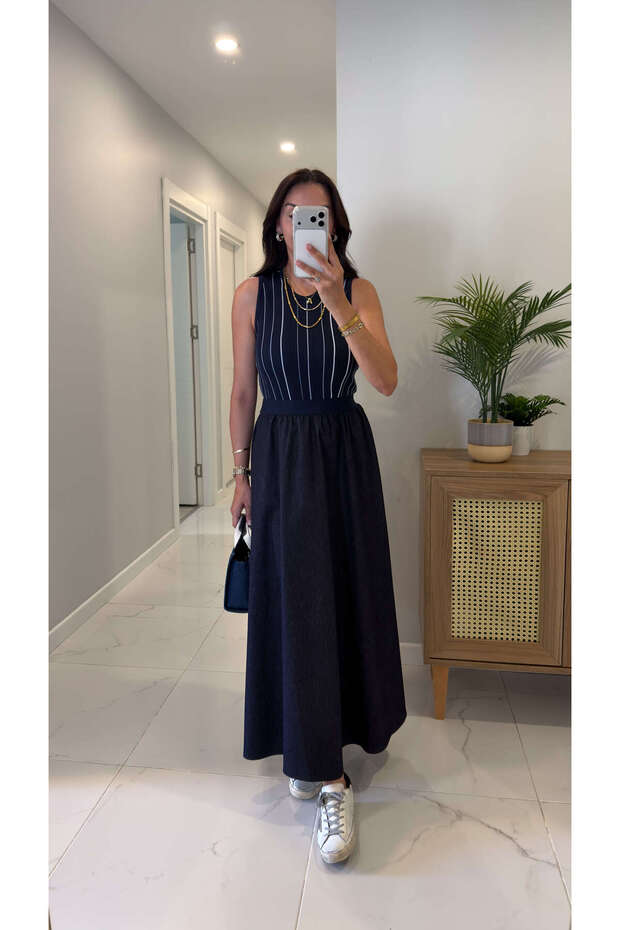 Sanda Navy Blue Dress with Stripes on the Top and Elastic Waist