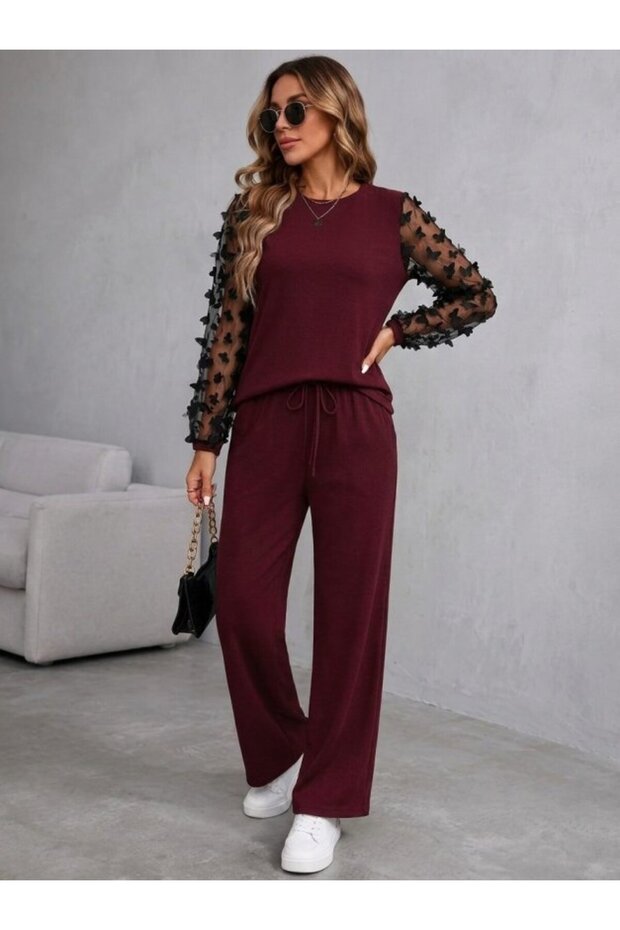 Women's Long Sleeve Crew Neck Tulle Viscose Two-Thread Blouse and Trousers Two-Piece Set