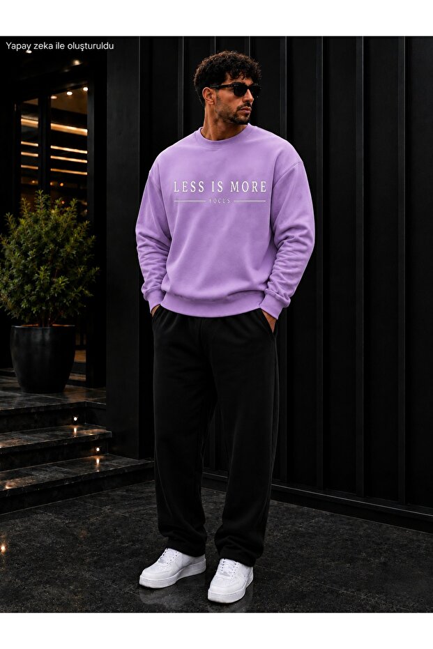 Men's Less Is More Focus Typography Printed Crew Neck Regular Fit Men's Tracksuit Set /Straight Leg Bottom