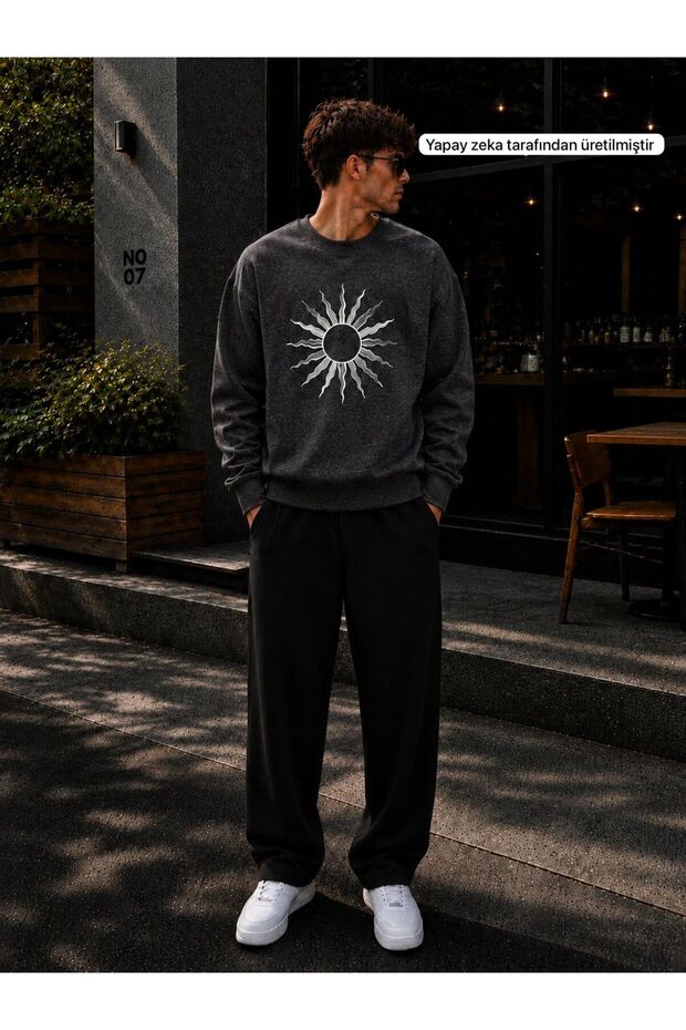 Men's Abstract Sun Printed Crew Neck Regular Fit Men's Tracksuit Set /Straight Leg Bottom