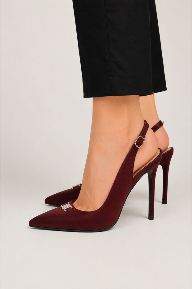 Pointed Toe Pencil Heel Satin Heeled Women's Sandals Shoes (9cm) Bordo
