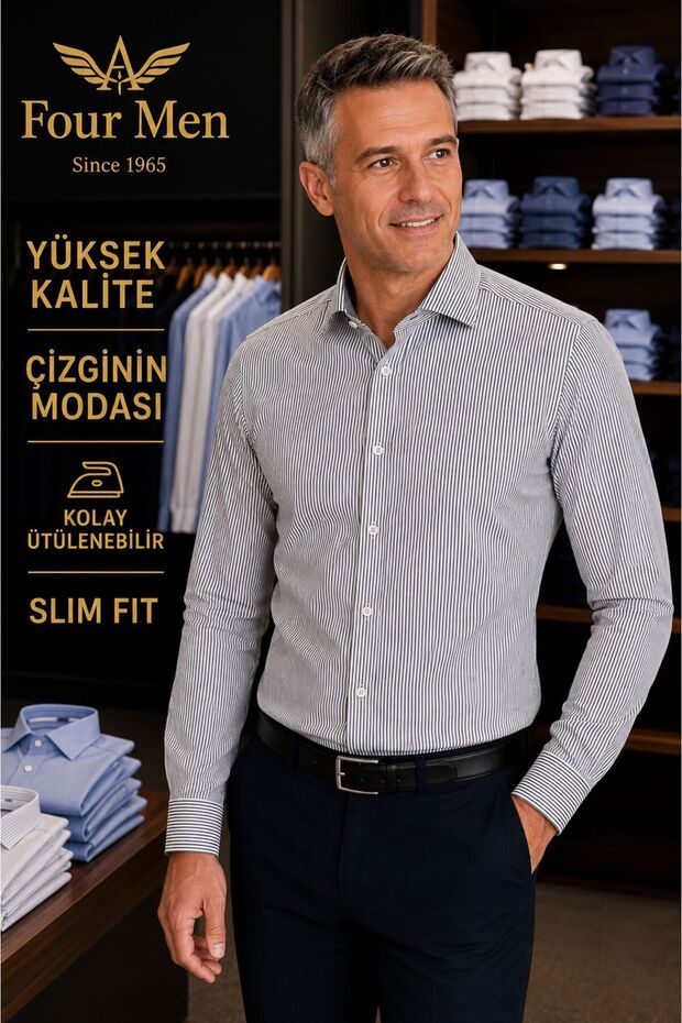 Men's Striped Slim Fit Shirt Long Sleeve Cotton Classic Stylish Shirt