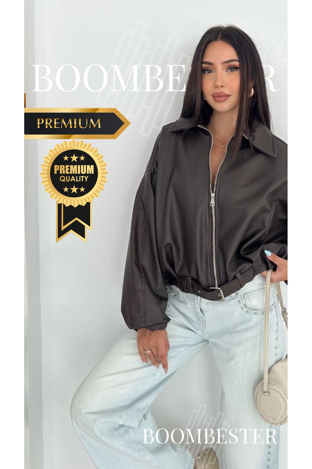 Women's Black Oversize Faux Leather Bomber Coat | Belt Detailed Premium