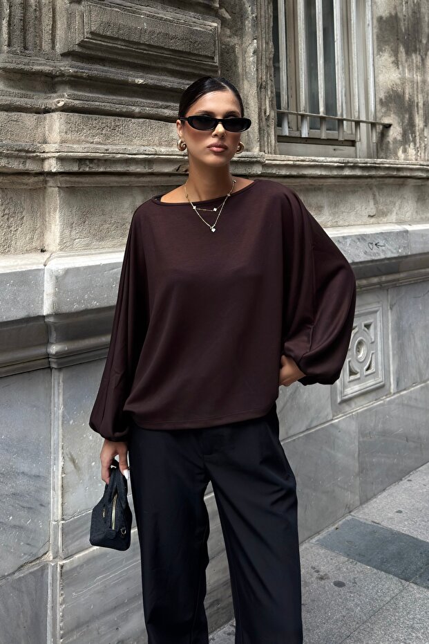 Women's Brown Boat Neck Bat Sleeve Wide Cut Blouse
