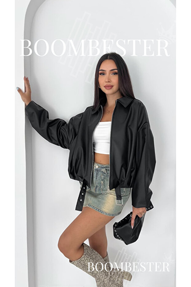 Women's Black Oversize Faux Leather Bomber Coat | Belt Detailed Premium