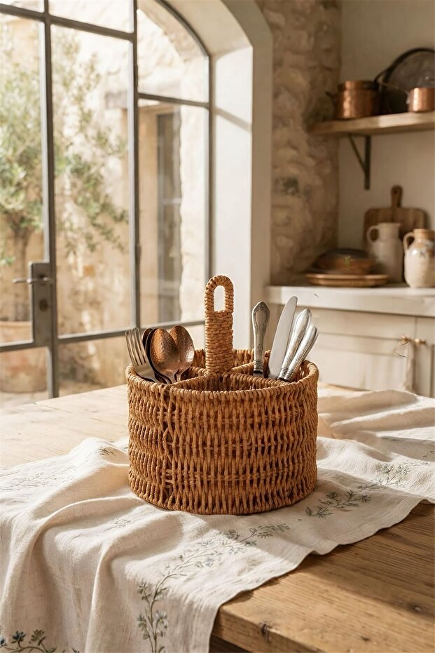 9254 Rattan Round Compartmented Spoon Holder, Fork Holder, Presentation and Kitchen Organizer Basket