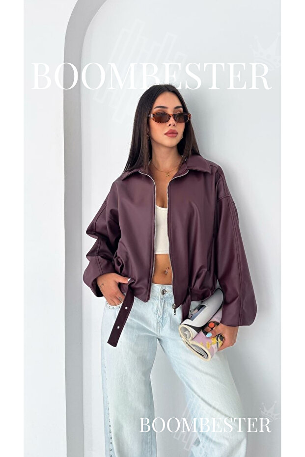 Women's Black Oversize Faux Leather Bomber Coat | Belt Detailed Premium