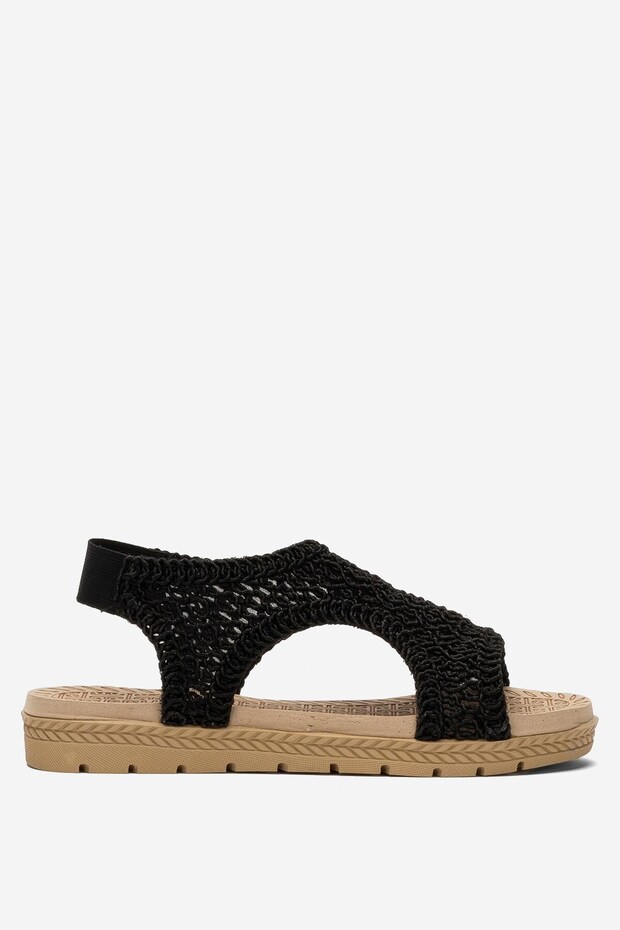 Open Front Knitted Patterned Elastic Women's Sandals Black