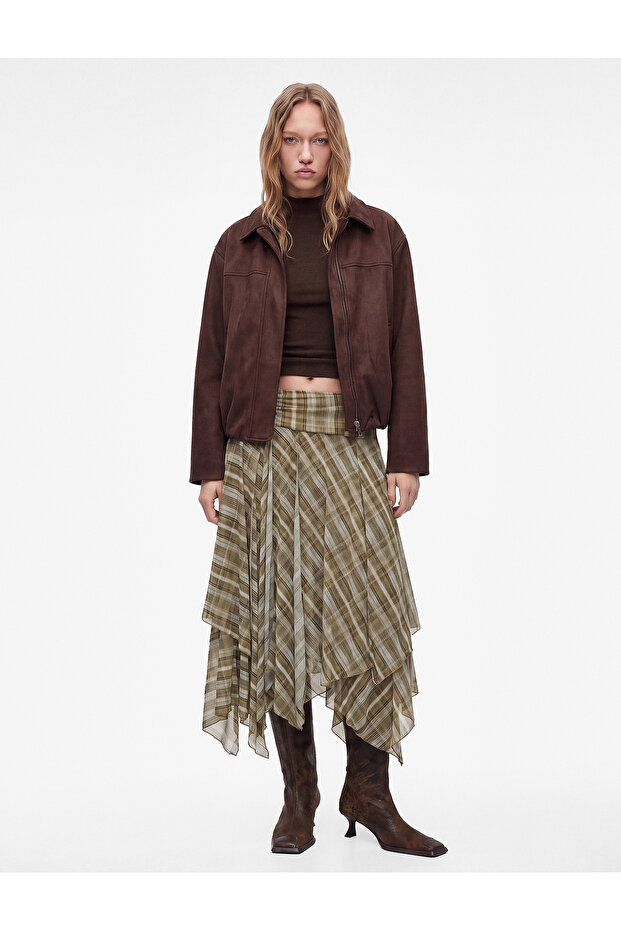 Classic Collar Suede Look Jacket with Drawstring Waist and Zipper Pockets