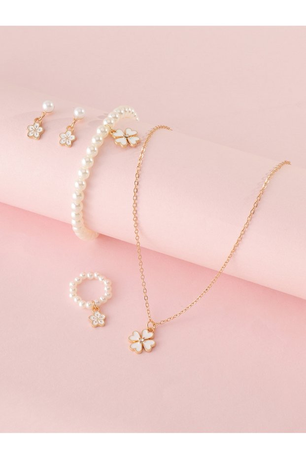 Girls White Clover Charm Necklace, Bracelet, Ring and Earrings Set