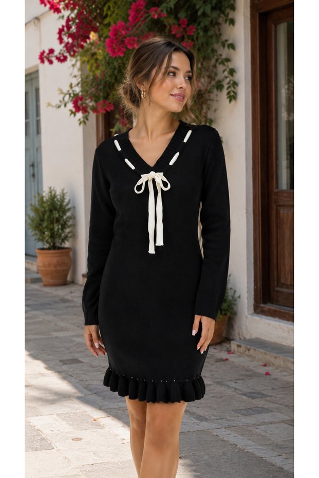 Timeless Elegance-Women's Ribbon Detailed V-Neck Knitwear Short Dress