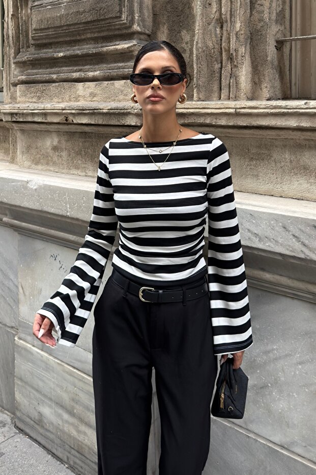 Women's Black Striped Spanish Sleeve Gathered Fitted Blouse