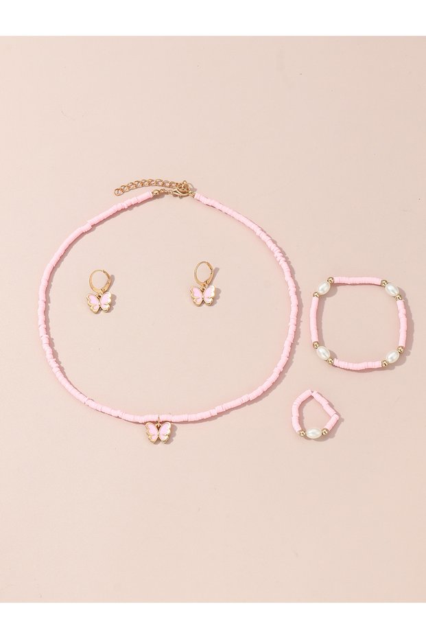 Girls Pink Butterfly Charm Beaded Necklace, Bracelet, Ring and Earrings Set
