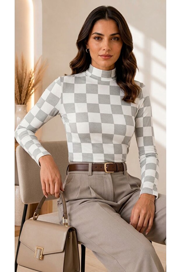 Women's Ecru Gray Checkered Patterned High Collar Long Sleeve Viscose Elastane Trend Blouse