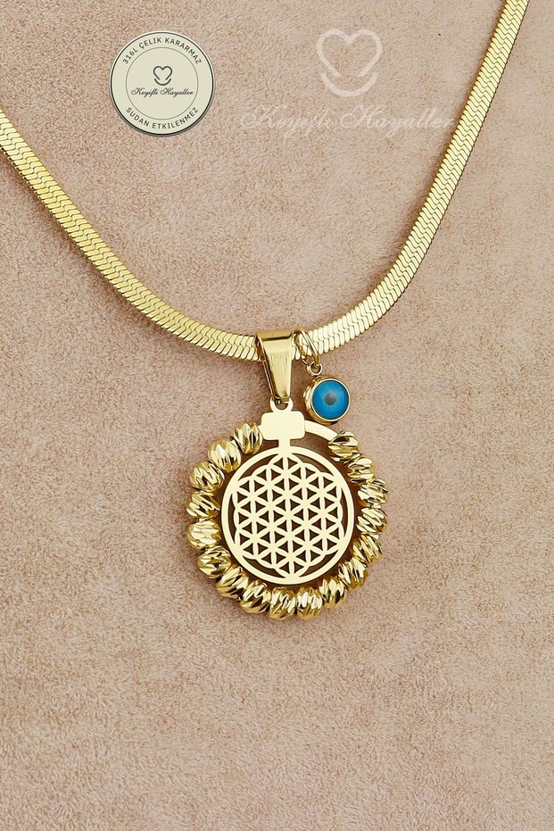 Steel Necklace - Flower of Life Detailed Doric Italian Chain 316L Steel Necklace Non-Tarnish Non-Fade 42+5cm