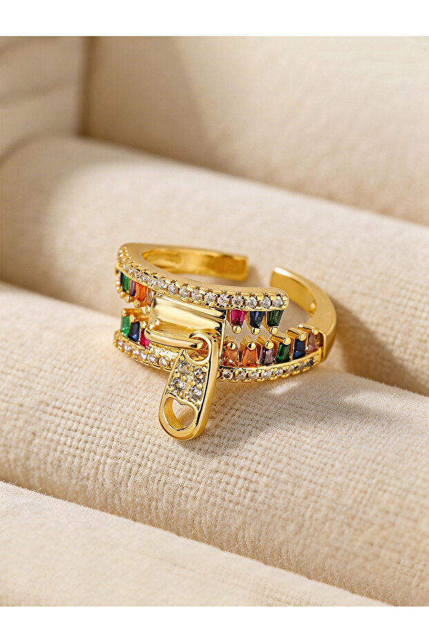 Gold Tone Rainbow Stone Embellished Zipper Detail Ring