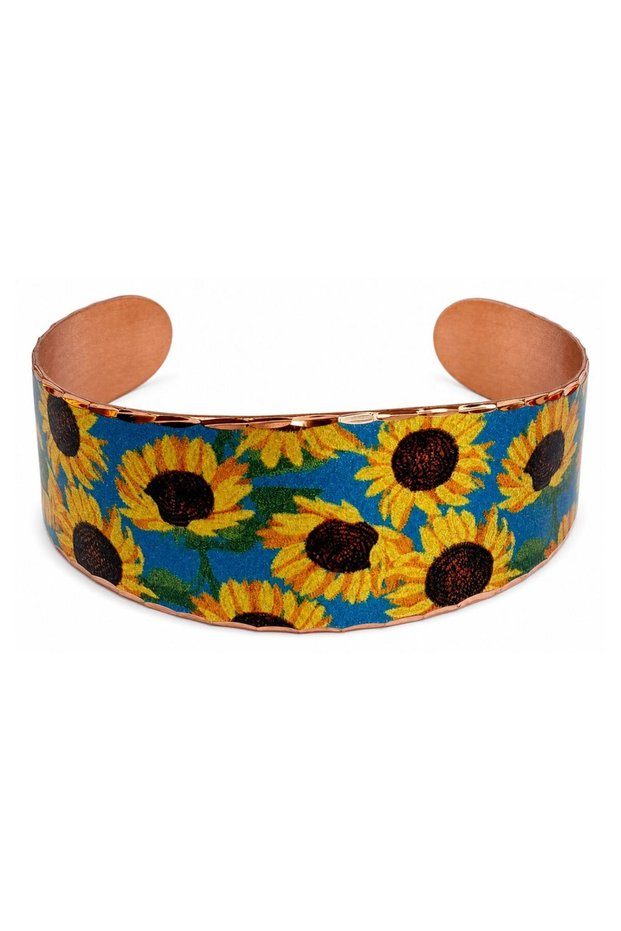 Copper Cream Flower Wide Form Thick Copper Bracelet, Hand-Embroidered Adjustable Model