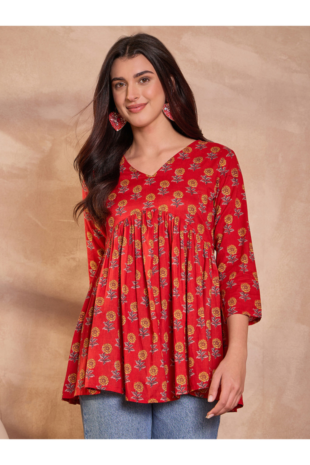 Red Floral Peplum Top - V-Neck Three-Quarter Sleeve