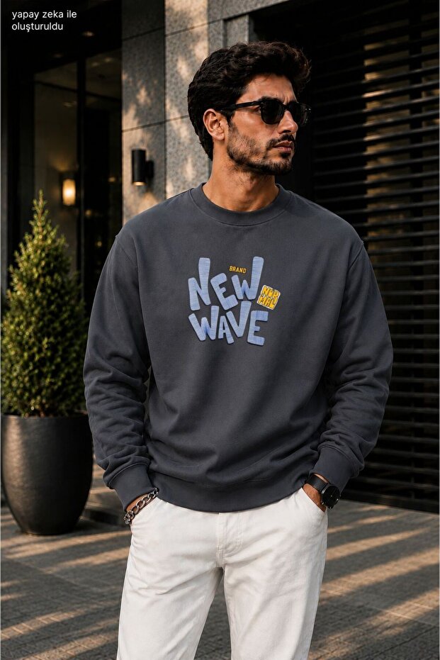 Men's New Wave Typography Printed Cycling Round Neck Casual Sweatshirt