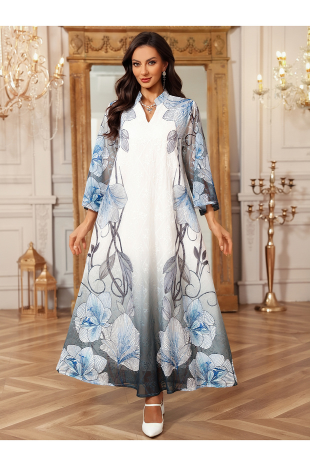 Blue Floral A-Line Ankle-Length Jalabiya