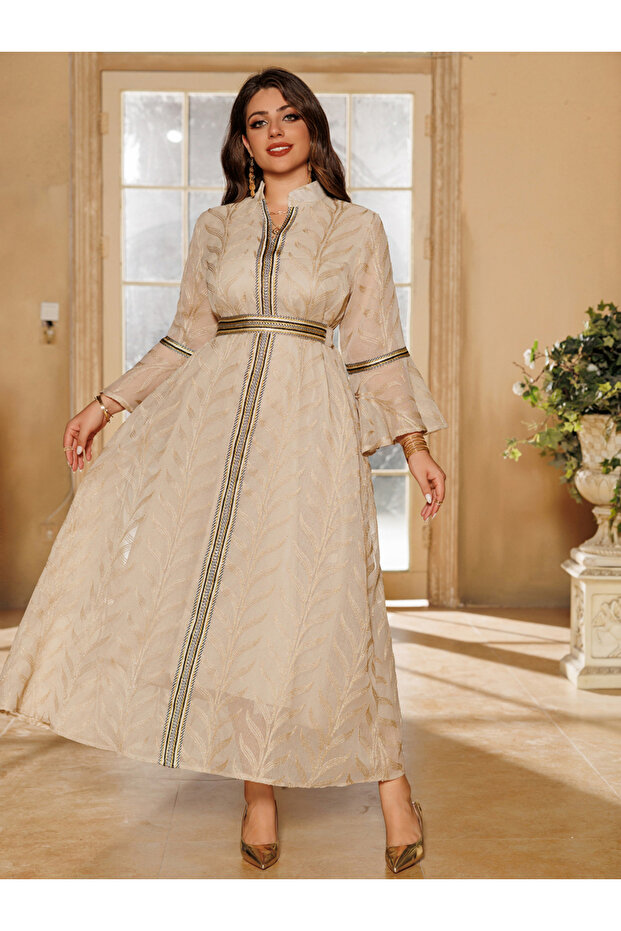 Elegant Khaki Ankle-Length Jalabiya with Gold Embroidery