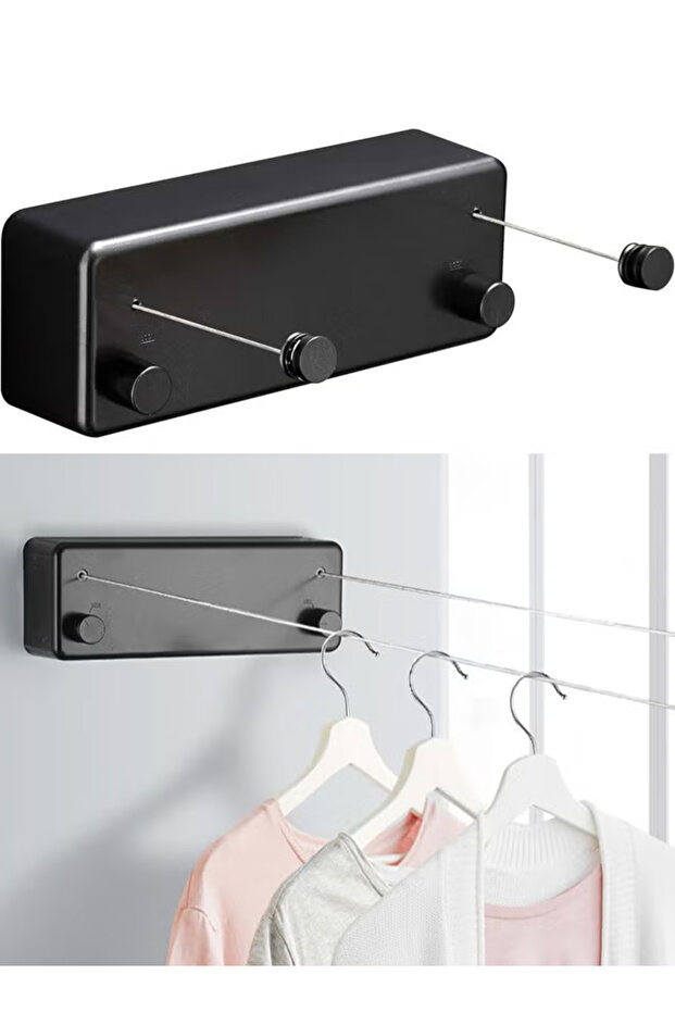 Retractable Clothesline Heavy Duty Clothes Drying Laundry Line Indoor Outdoor Wall Mounted Clothes Dryer Rope Clothing Retracting Adjustable Stainless Steel Line (Black 13.8 ft)