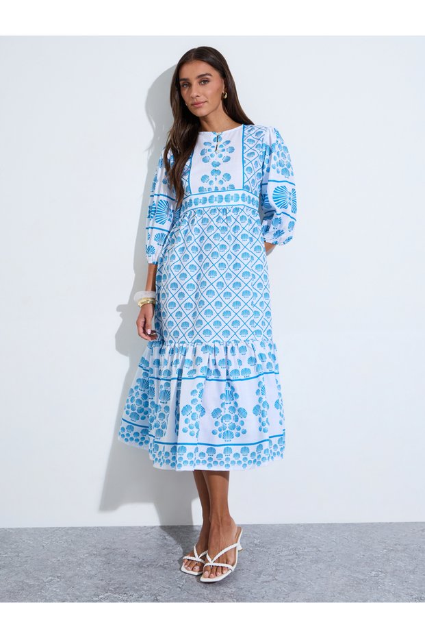 Blue All Over Print 3/4 Sleeves Tiered Midi Dress