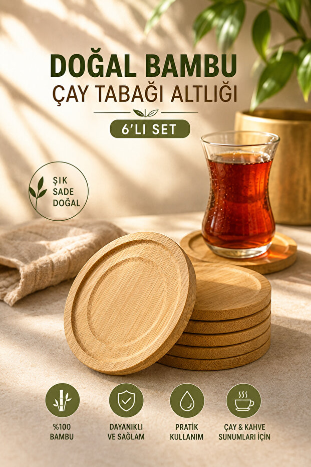 Bamboo Tea Coaster Set of 6 Round Natural Bamboo Coasters Presentation Set