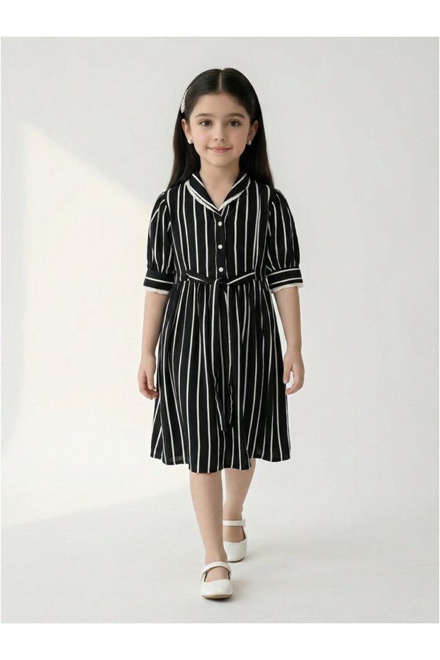 Girls Striped Cotton Dress with Bow Waist Applique
