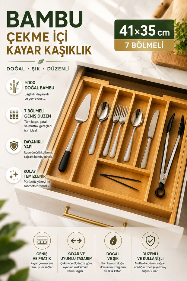 Bamboo Pull-Out Sliding Spoon Holder 41X35 cm 7 Compartments Adjustable Kitchen Drawer Organizer