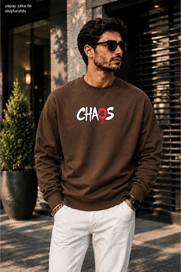 Men's Chaos Slogan Printed Cycling Round Neck Casual Sweatshirt