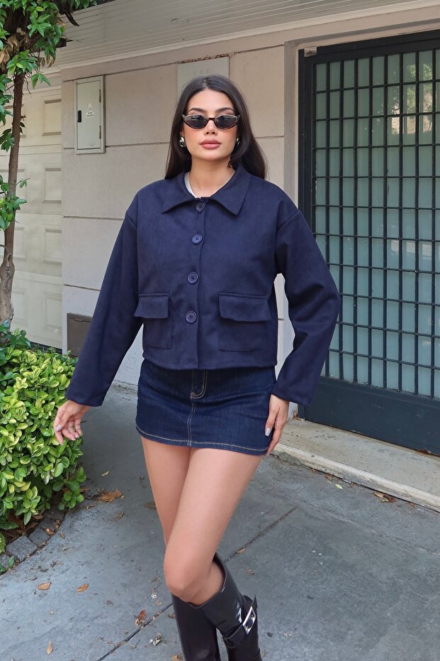 Women's Buttoned Flexible Comfortable Fit Suede Jacket