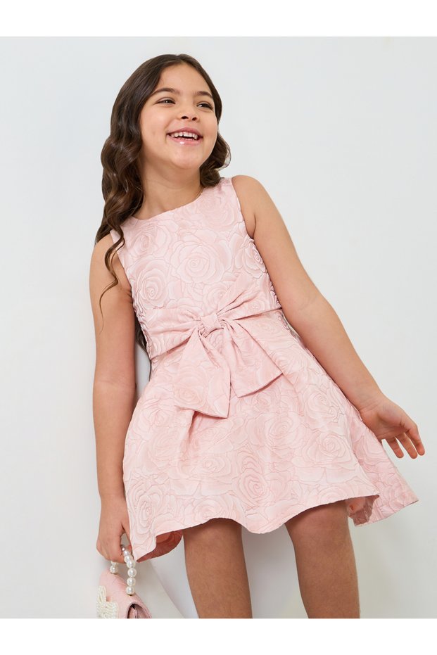 Girls Dark Pink A-Line Knee-Length Rose Jacquard Dress