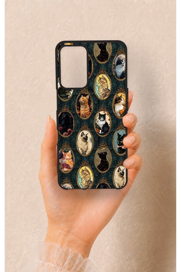 Oppo A16 Compatible Vintage Cat Portraits Patterned Silicone Case