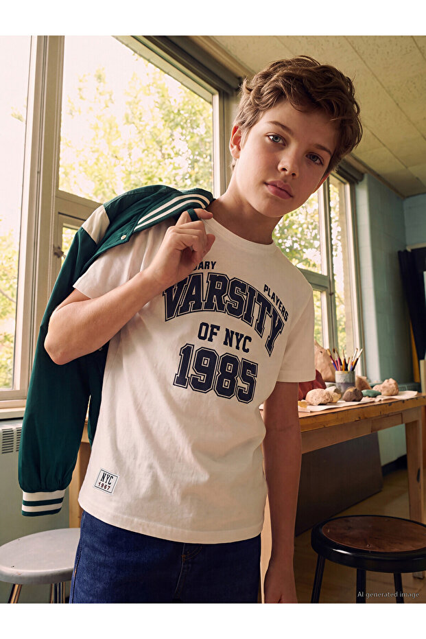 White Crew Neck Nyc Printed Boys' T-Shirt