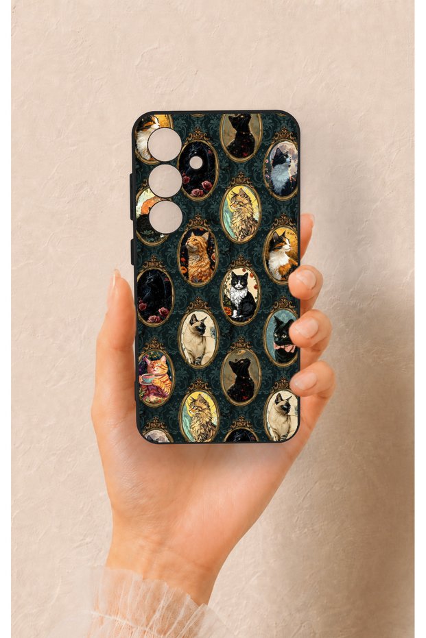 Samsung S24 Compatible Vintage Cat Portraits Patterned Silicone Case