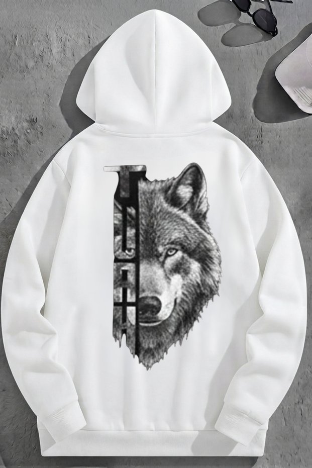 Unisex 3 Thread Cotton White Turkkurt Print Loose Fit Sweatshirt Hoodie