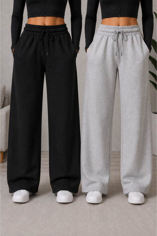 2-Piece Black and Gray Women's Trendy Wide-Leg Sweatpants - Comfort Fit Sweatpants with Pockets
