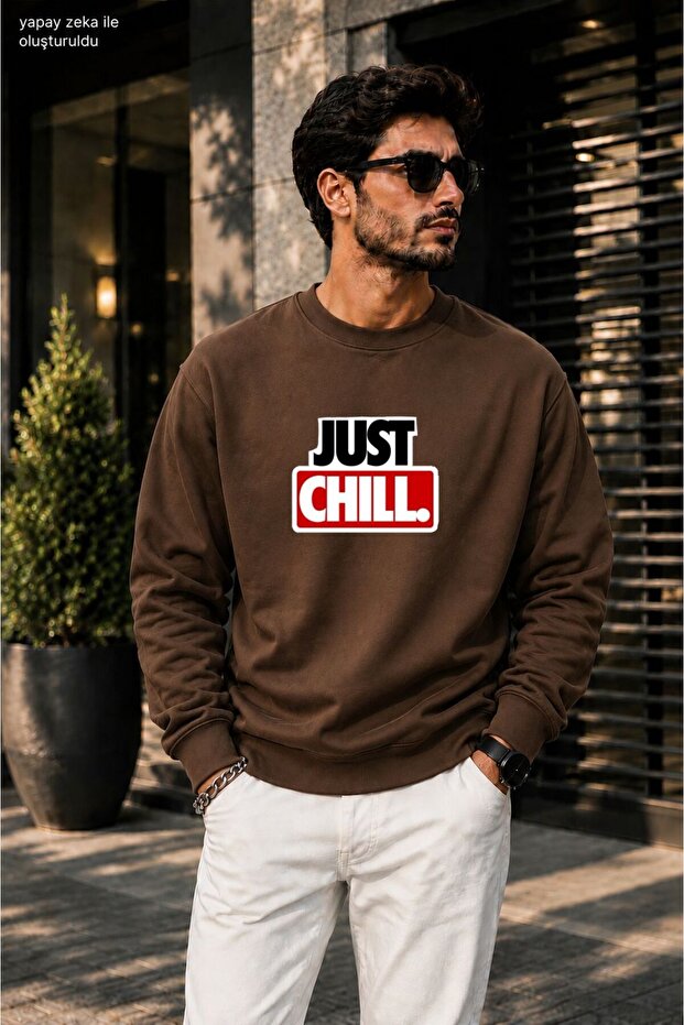 Men's Just Chill Slogan Printed Cycling Round Neck Casual Sweatshirt