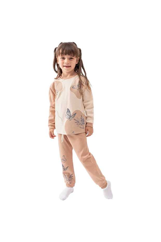 Girl's Brown Beige Butterfly Printed 2-Piece Pajama Set