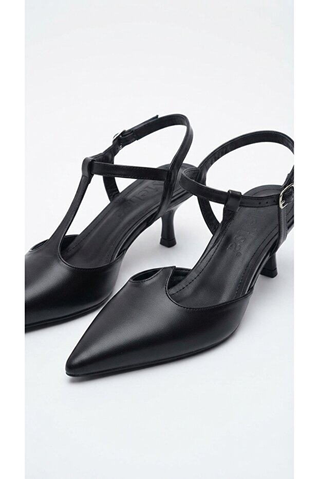 Open Back, Mid-Post Black Leather Women's Heeled Evening Dress Shoes