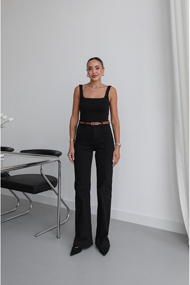 Black Jeans with Front Stitching Detail and Belt