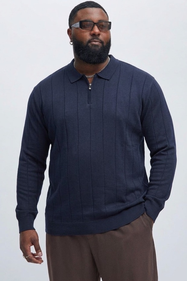 Men's Zippered Striped Navy Blue Large Size Sweatshirt