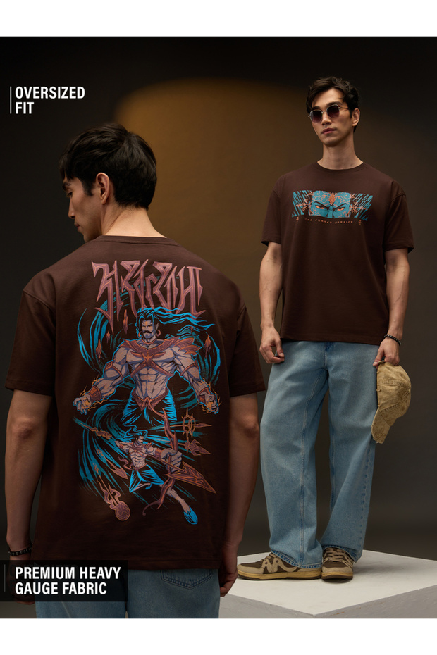 Men Brown Ashwatthama Warrior Graphic Print Oversized T-Shirt