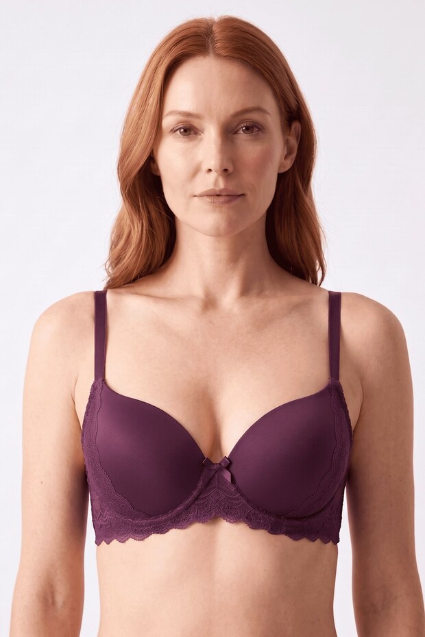 Women's Plum Lace Semi-Support Bra with Underwire and Light Padding Cup
