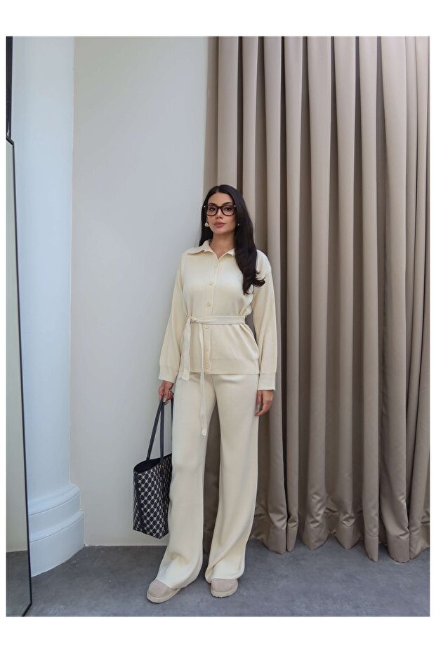 Belted Knitwear Cardigan Trouser Set