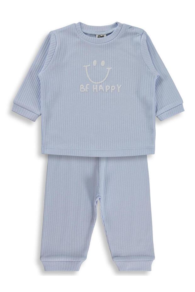 Smiling Face Printed 6-18 Months Pajama Set - Blue